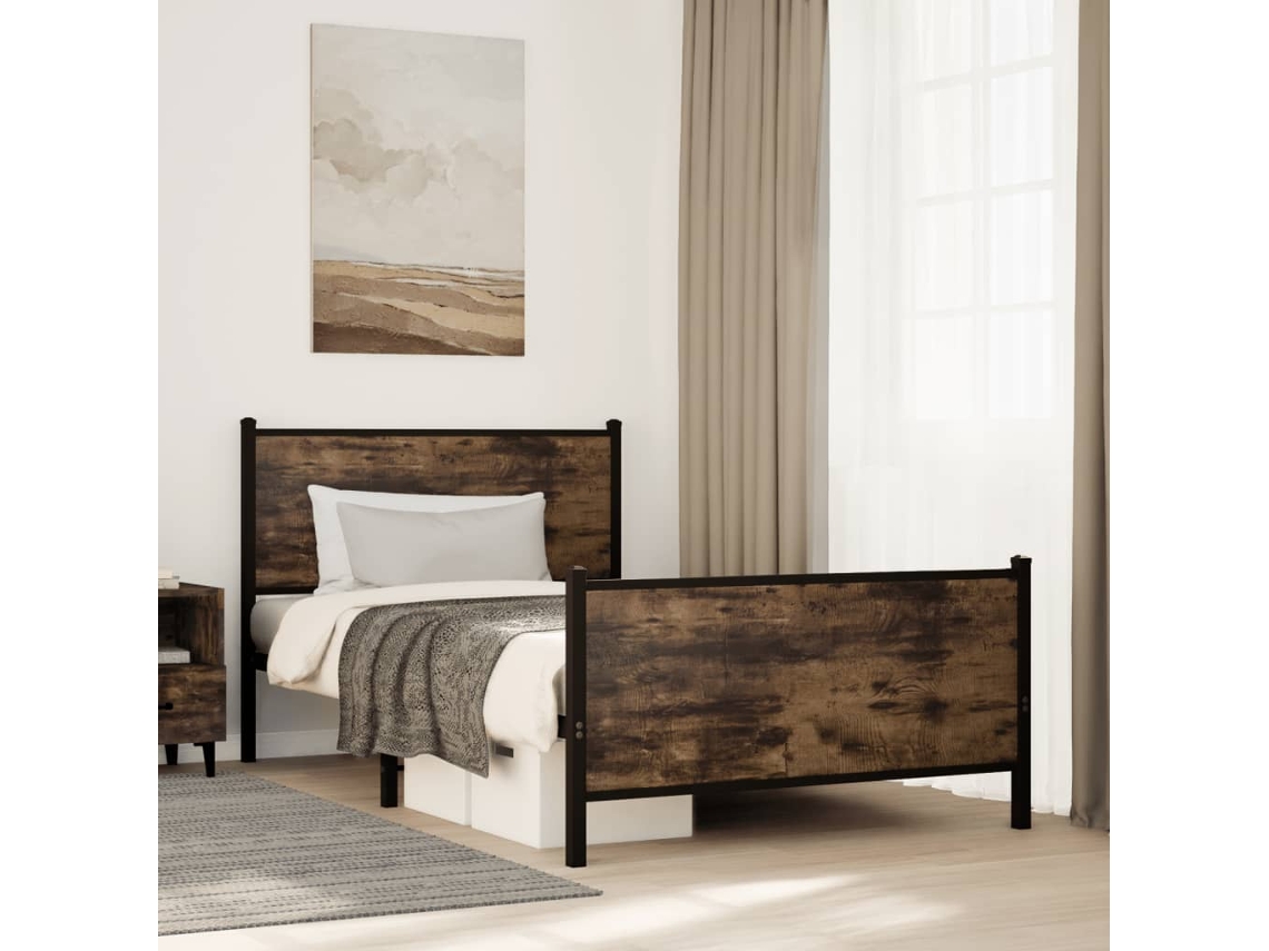 Estrutura De Cama Sem Colchão 100x200 Cm Metal Carvalho Fumado
