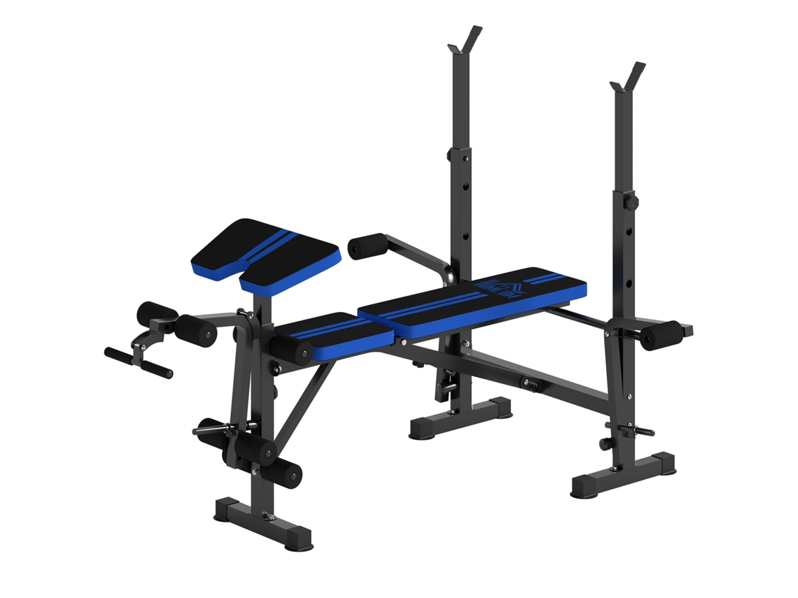 Banco De Musculação Com Encosto Ajustável E Suporte Para Barras Regulável Para Treino Em Casa Ginásio 175x139x127 Cm Preto E Azul