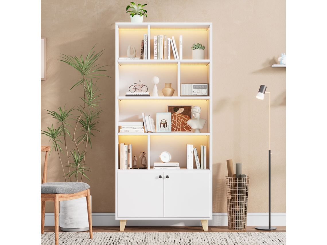 Estante 80x30x173cm, Pernas Maciças, Múltiplas Prateleiras, Portas Duplas, Led Colorido, Controle Remoto, Design Simples, Branco.