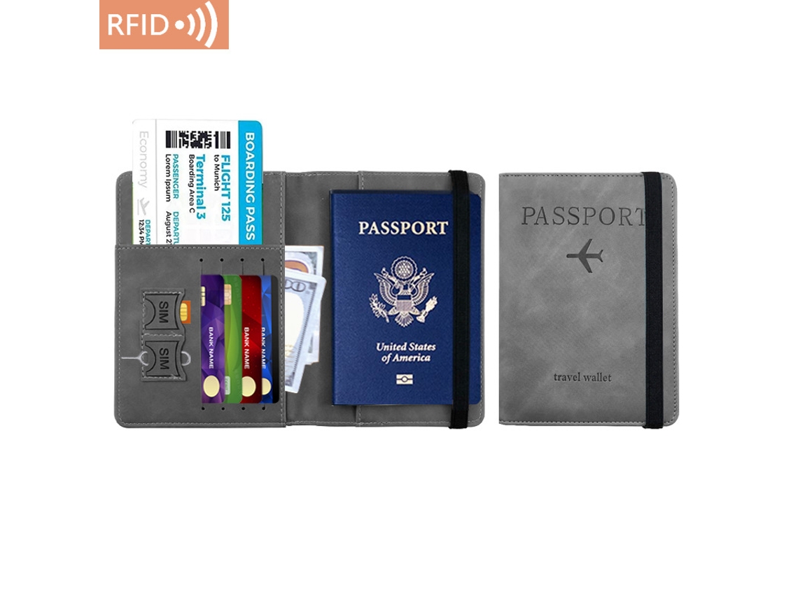 Porta-passaporte Rfid, Porta, Cartões, Couro Pu Cinza