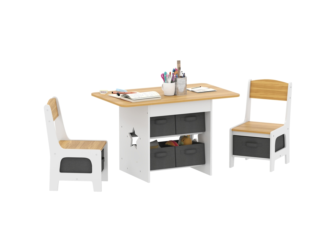 Conjunto De Mesa E Cadeiras Para Criança Mdf E Tecido Não Tecido Cor Madeira E Branco 80x48x49 Cm Aiyaplay