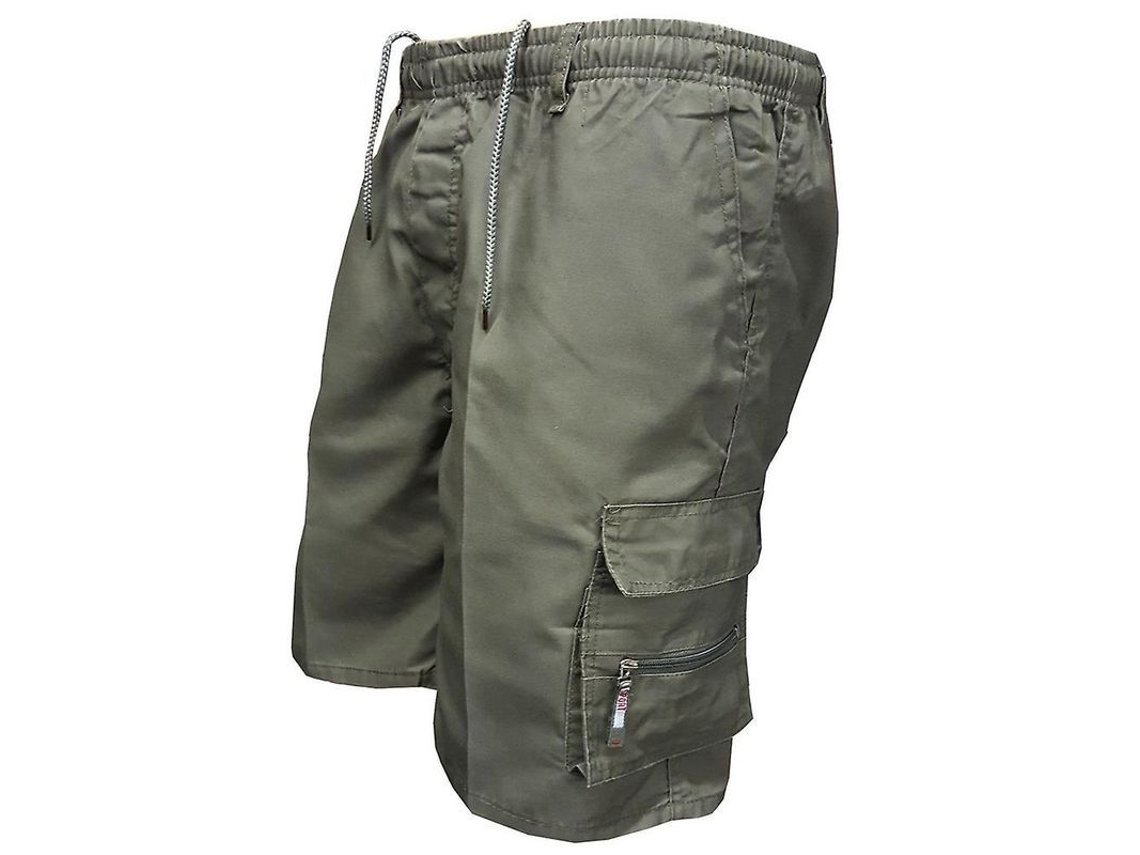 Calças Curtas Cargo Masculinas De Verão Com Cordão, Bolsos Múltiplos E Cintura Elástica Verde Militar