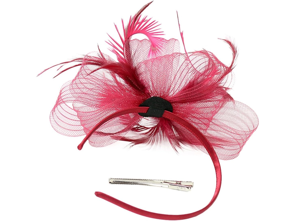 Fascinator, tiara e presilha de cabelo elegantes em tule com detalhes artificiais.