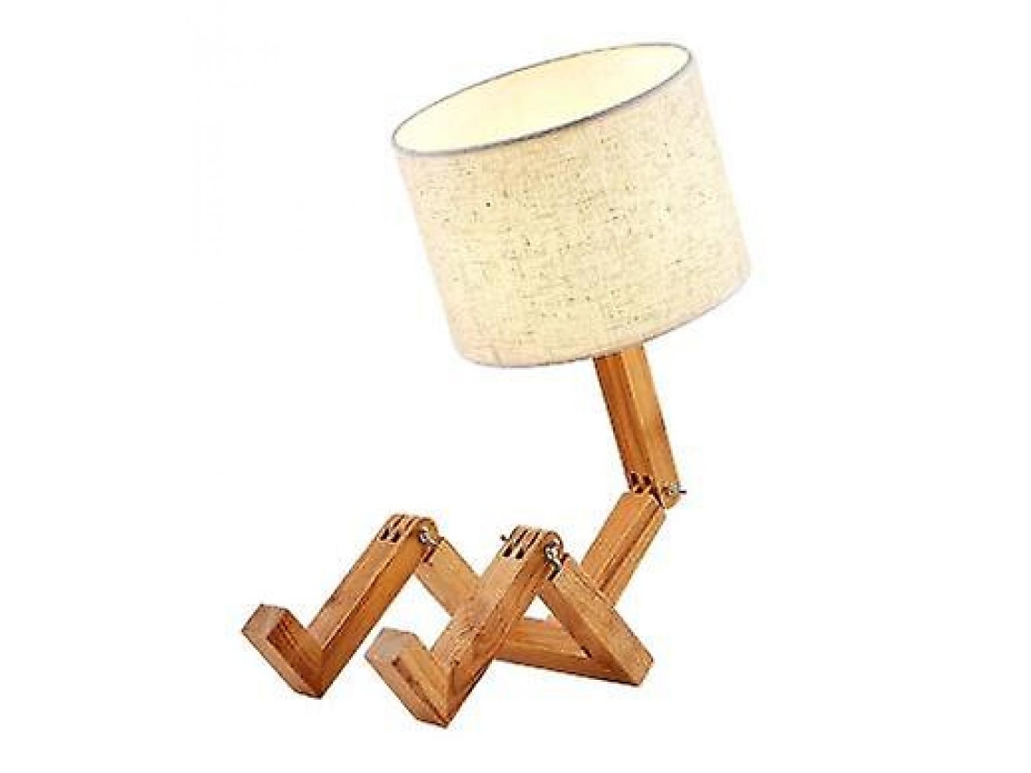 Novo Criativo de Madeira Forma Robô Dobrável Candeeiro Mesa Quarto Cama Luminosa Lâmpada Linho Sombreamento 5W Lâmpada Branco Quente