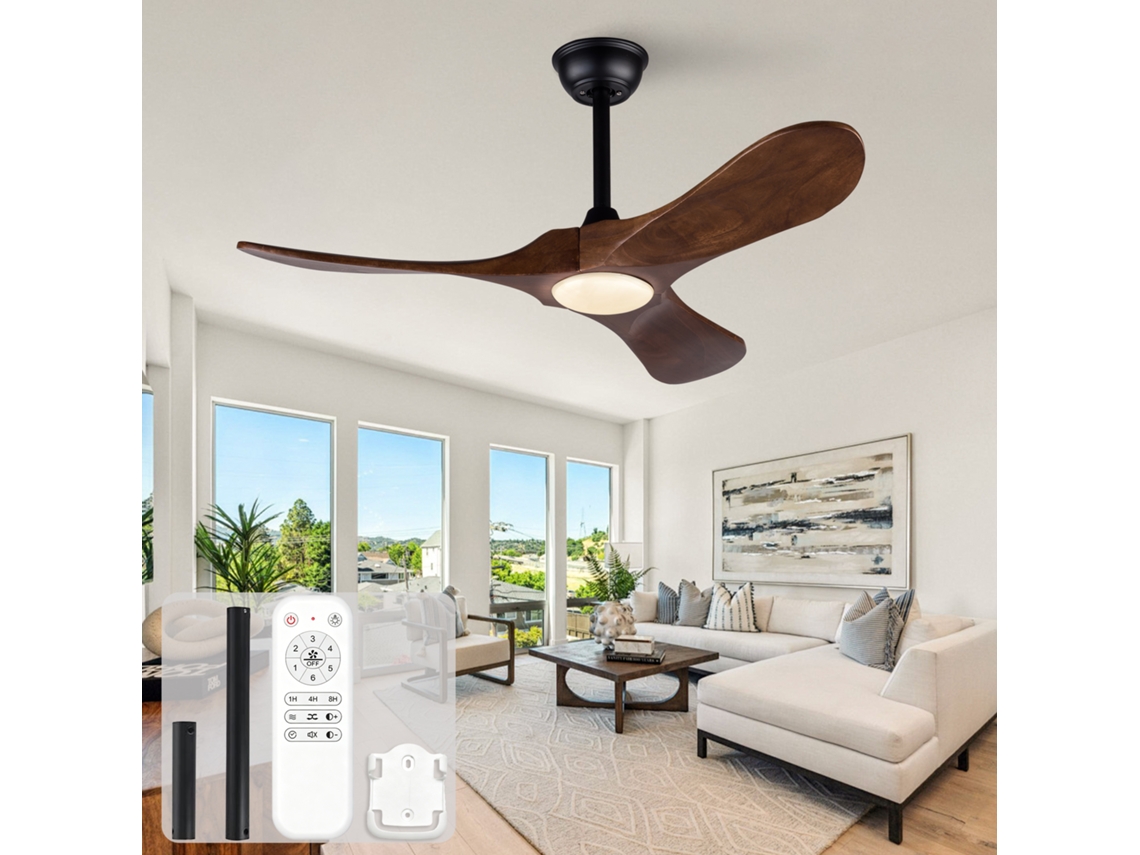 Ventilador De Teto 42 Polegadas Com Luz, Controlo Remoto, Três Pás De Madeira Maciça E Motor Silencioso