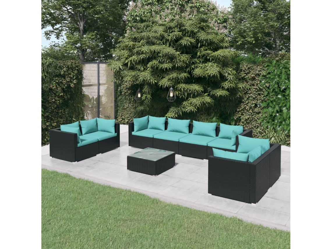 Conjunto Lounge Jardim 9 Peças C/ Almofadões Vime Pe Preto Dkd Home Decor