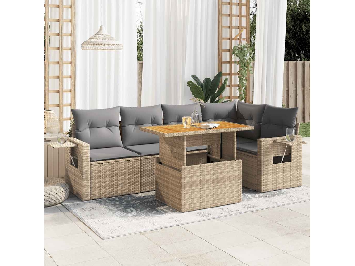 Vidaxl 6 Pcs Conjunto De Sofás P/ Jardim Com Almofadões Vime Pe Bege