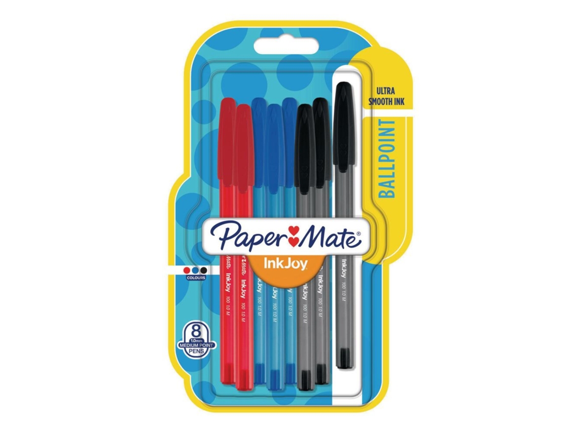 Esferográficas PAPER MATE Inkjoy 100, Ponta Média de 1 mm, Corpo Preto Transparente, Tinta Preta, Pack 8 Unidades
