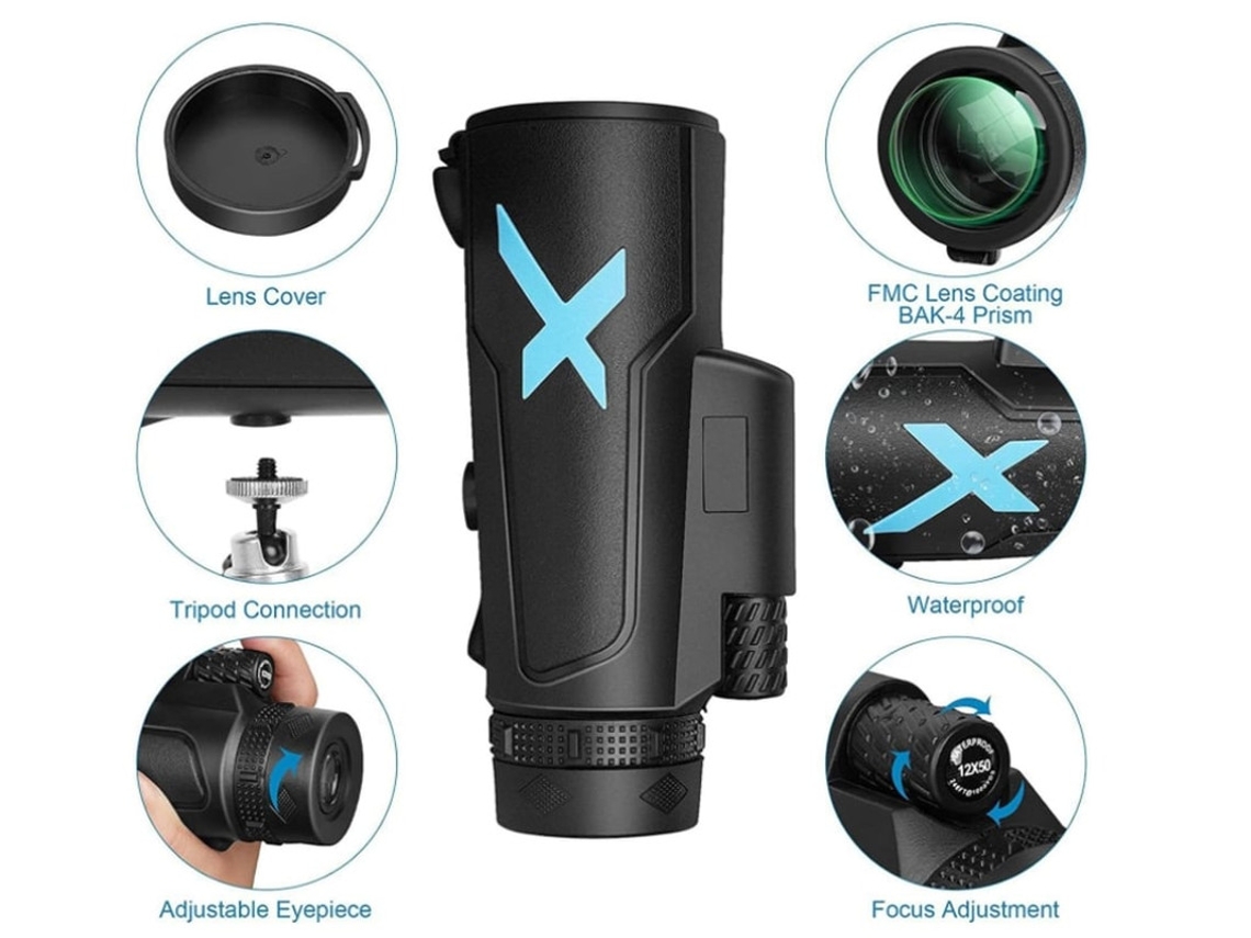 Monóculos 12x50 Para Adultos Bak 4 Monóculos Hd À Prova Dágua De Alta Potência Escopo Compacto Com Tripé E Adaptador De Telefone Preto Yizhood