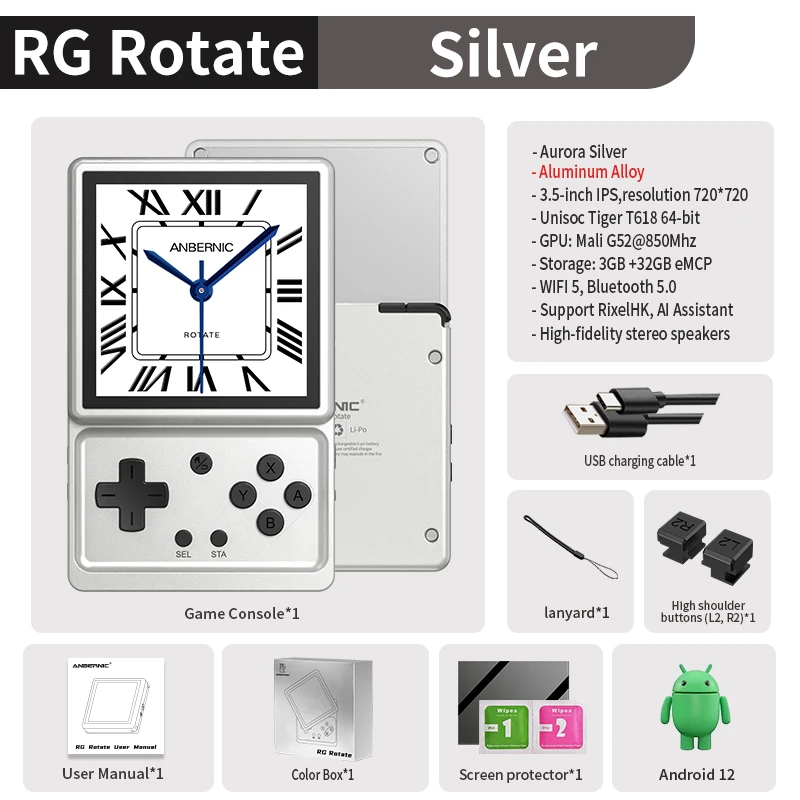 Aurora Consola de Jogos Rg Rotativa com Ecrã Ips de 3,5" e Liga Metálica MDUG (jogos 4k)