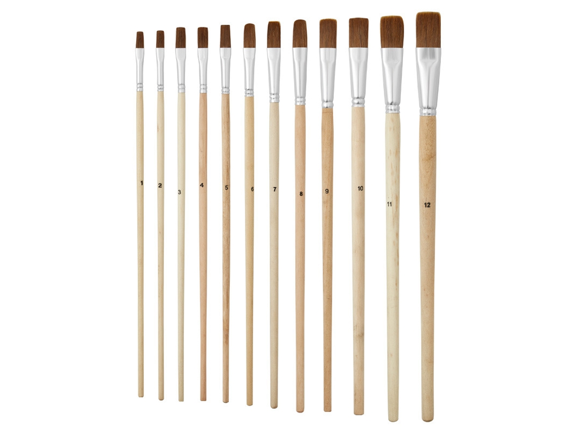 Conjunto De 12 Pincéis Para Aquarela Com Cabos De Madeira E Pontas Planas.