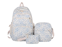 Conjunto Mochila Floral Azul Tecido 3 Peças, Mochila + Bolsa Transversal + Estojo Para Estudantes
