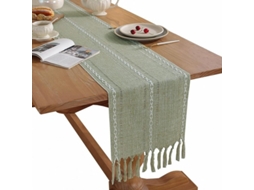 Rebe-funda Para Mesa De Cor Verde Sage Com Listras E Franje Tecida (33*240 Cm)
