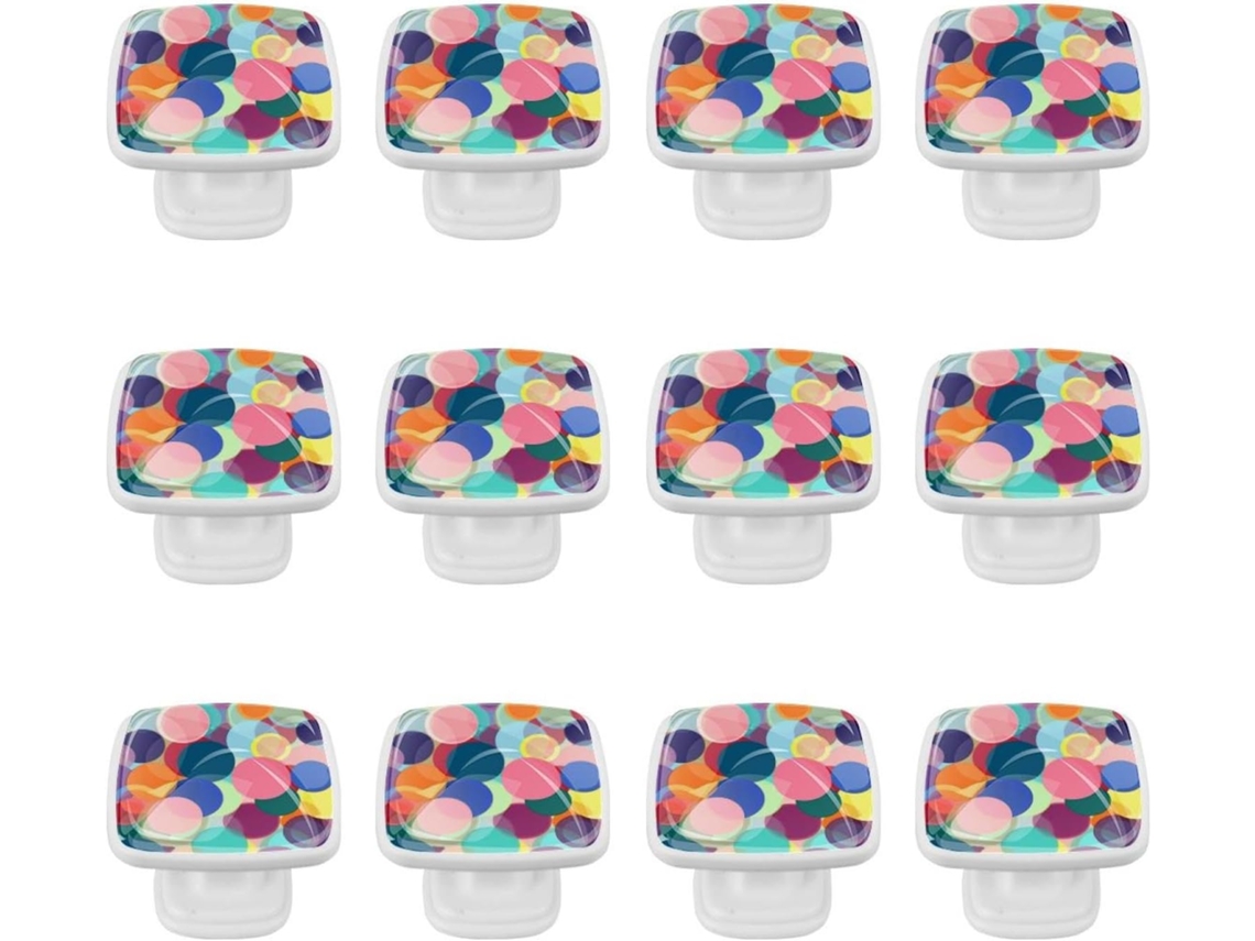 Puxadores E Botões Quadrados Para Gavetas Armários, Conjunto De 12 Peças, Com Design Abstrato De Bolinhas Coloridas