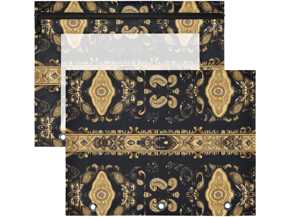 Nécessaire com 3 Ilhós Reforçados para Fichário de Argolas Conjunto 2 Unidades Estampa Floral Vintage Preto