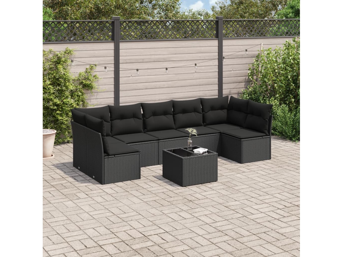 Vidaxl 8 Pcs Conjunto Sofás De Jardim Com Almofadões Vime Pe Preto