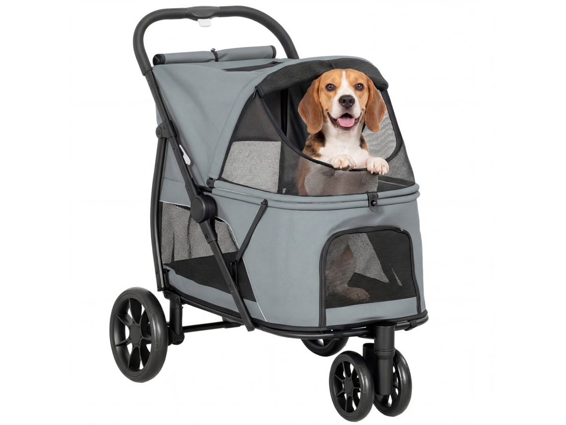Carrinho para Cães Dobrável com 3 Rodas Janelas de Rede Almofada Lavável Todo o terreno Carga 20 Kg 92x63x95 Cm Cinzento Ge