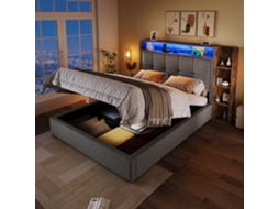 Cama Estofada, 90x200 Cm, Com Função Usb Tipo C, Sem Colchão, Armazenamento Multifuncional, Iluminação Led, Botão/apênciamento, Linho, Cinza-op