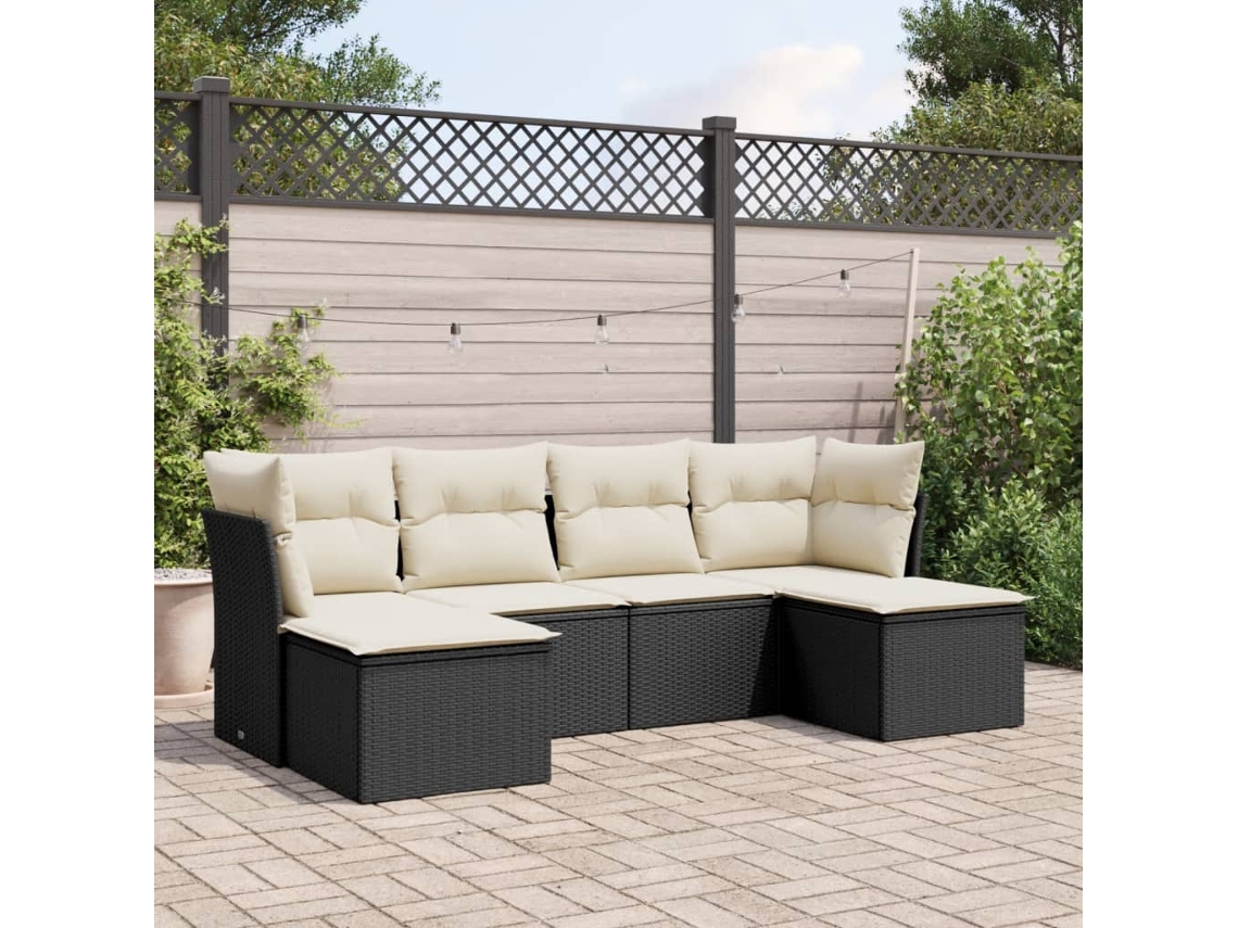 Jogo de Sofá Jardim 6 Peças C/ Almofadões Vime Pe Preto Dkd Home Decor