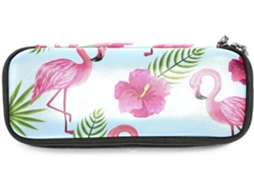 Caixa organizadora grande com estampa de flamingos rosa e folhas verdes, ideal para organizar seus materiais escolares e