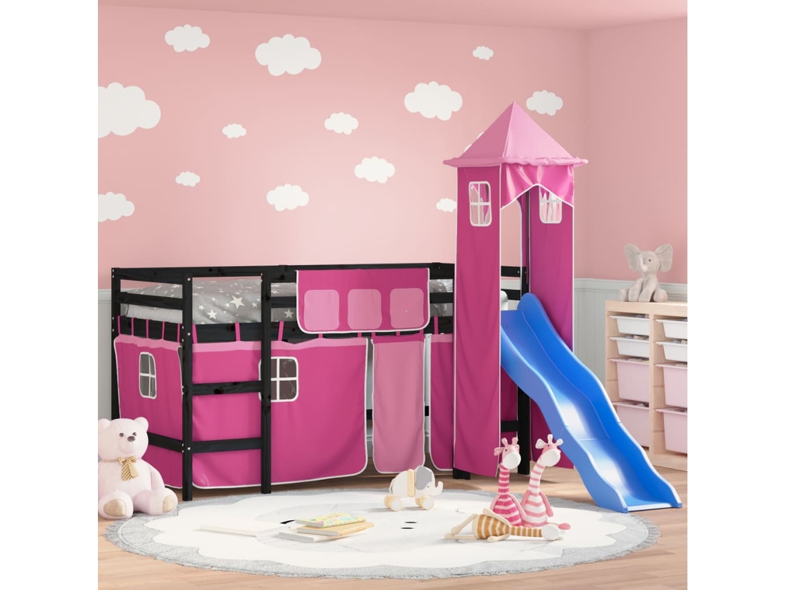 Cama Alta Para Criança Com Torre 90x190 Cm Pinho Maciço Rosa