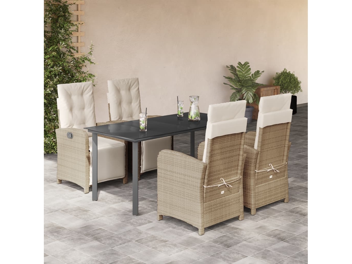 Vidaxl 5 Pcs Conjunto De Jantar P/ Jardim Com Almofadões Vime Pe Bege