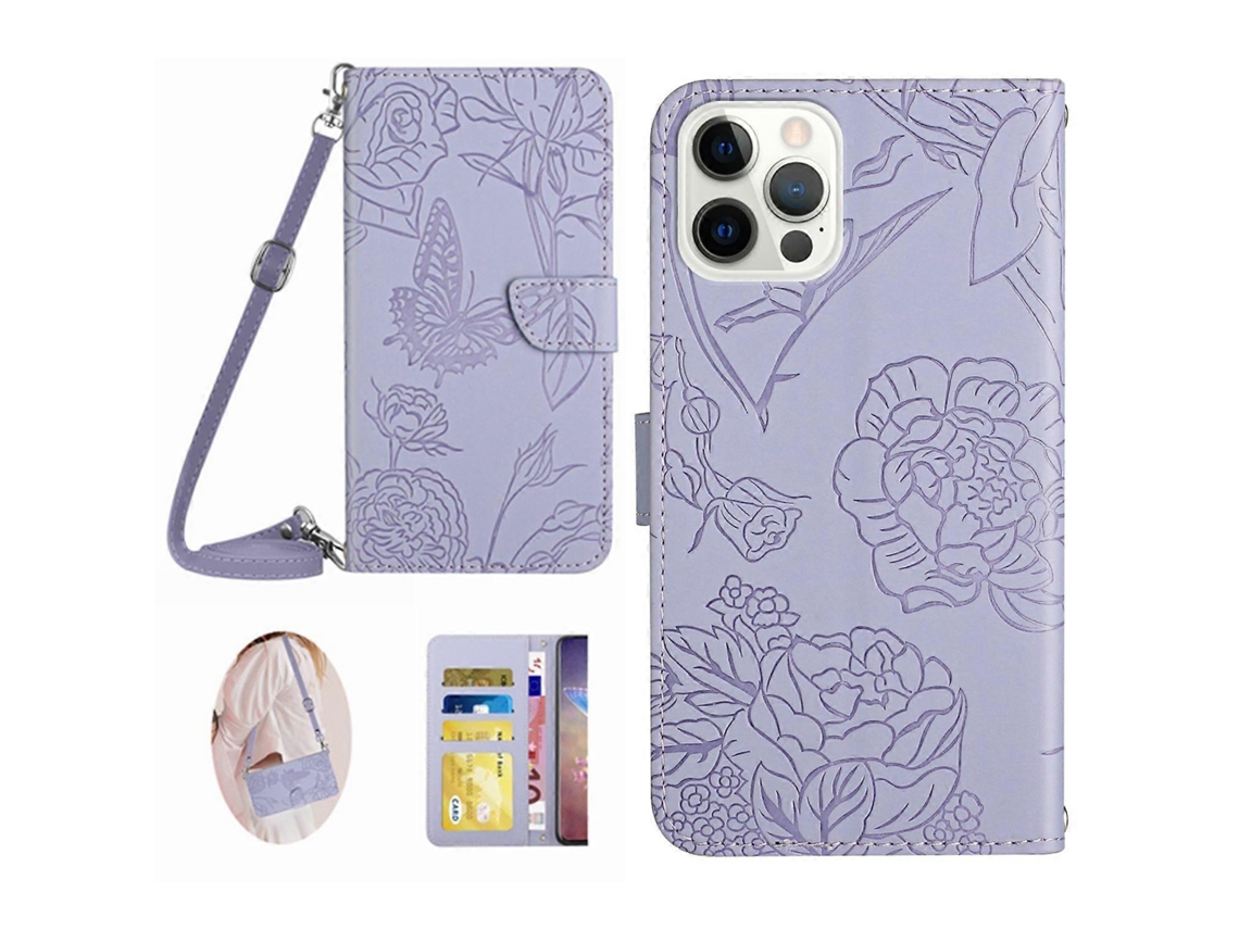 Capa Transversal De Couro Com Estampa De Borboletas E Flores Para Iphone 16 Pro