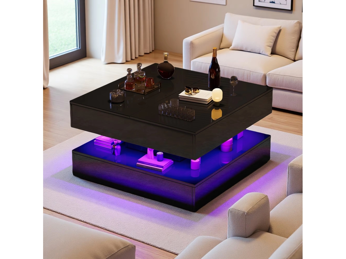 Mesa de Centro Quadrada Branca Brilhante, 78x78x43cm, com Led RGB, 2 Gavetas Pressão ROSAHQNDA