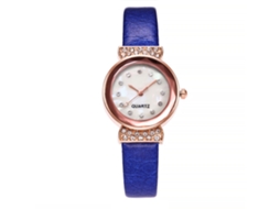 Relógio de Pulso Feminino Vansvar com Pedras Rhinestones e Cinta de Couro Pu Azul