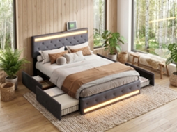 Cama Estofada 160x200 Cm com Luzes Led e Usb, com 4 Gavetas, Estrutura Moderna em Tecido de Linho, Cinzento RESETIZE