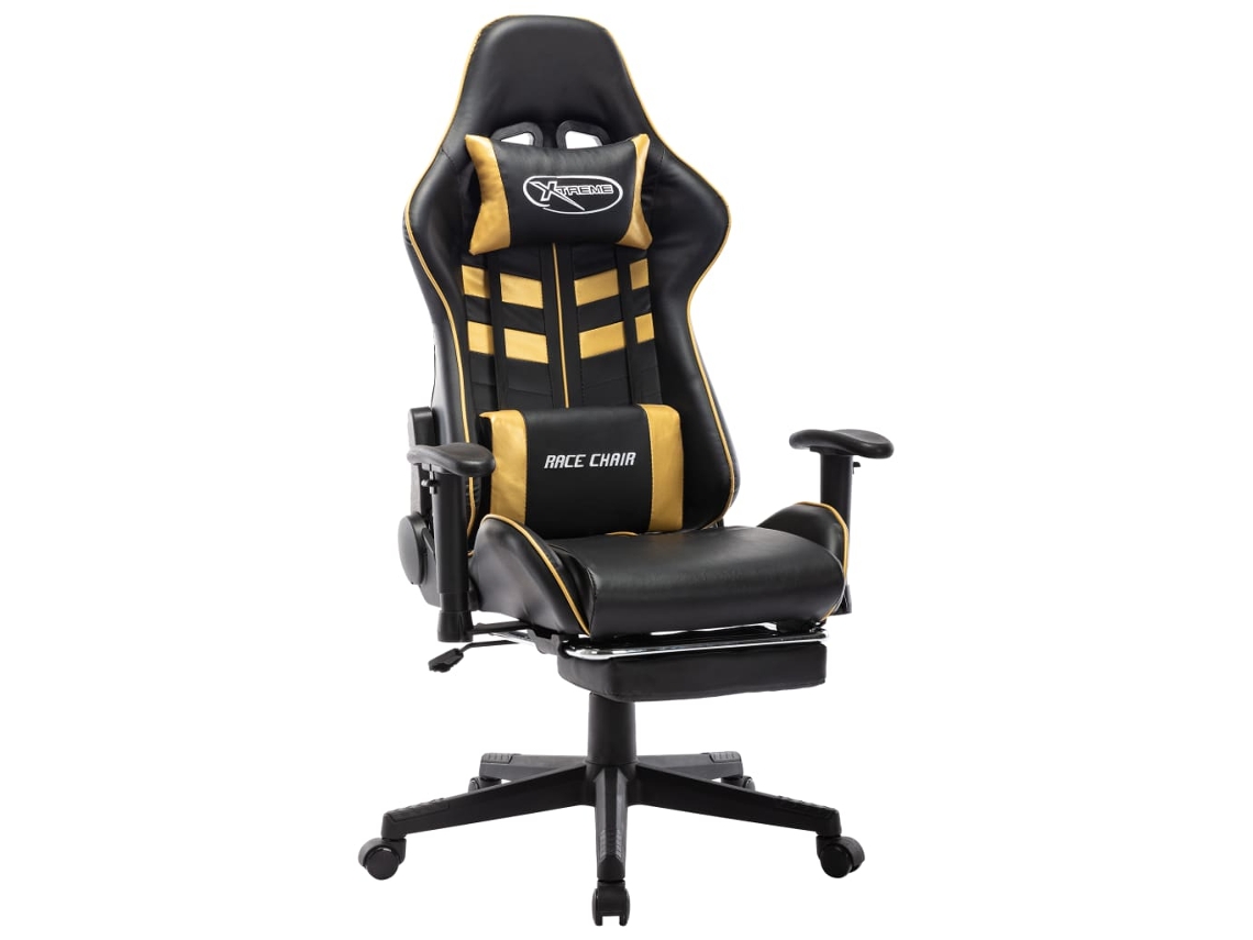 Vidaxl Cadeira Gaming C/ Apoio De Pés Couro Artificial Preto/dourado