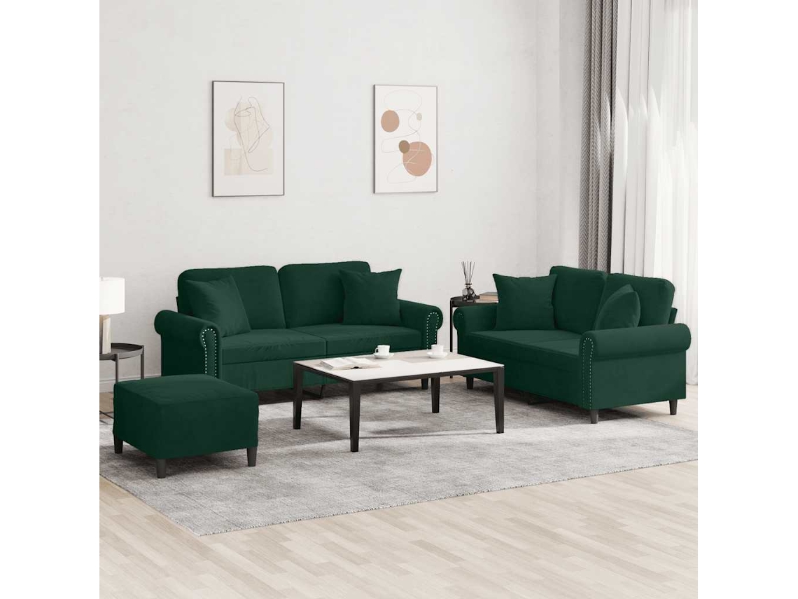 Vidaxl 3 Pcs Conjunto De Sofás Com Almofadas Veludo Verde-escuro