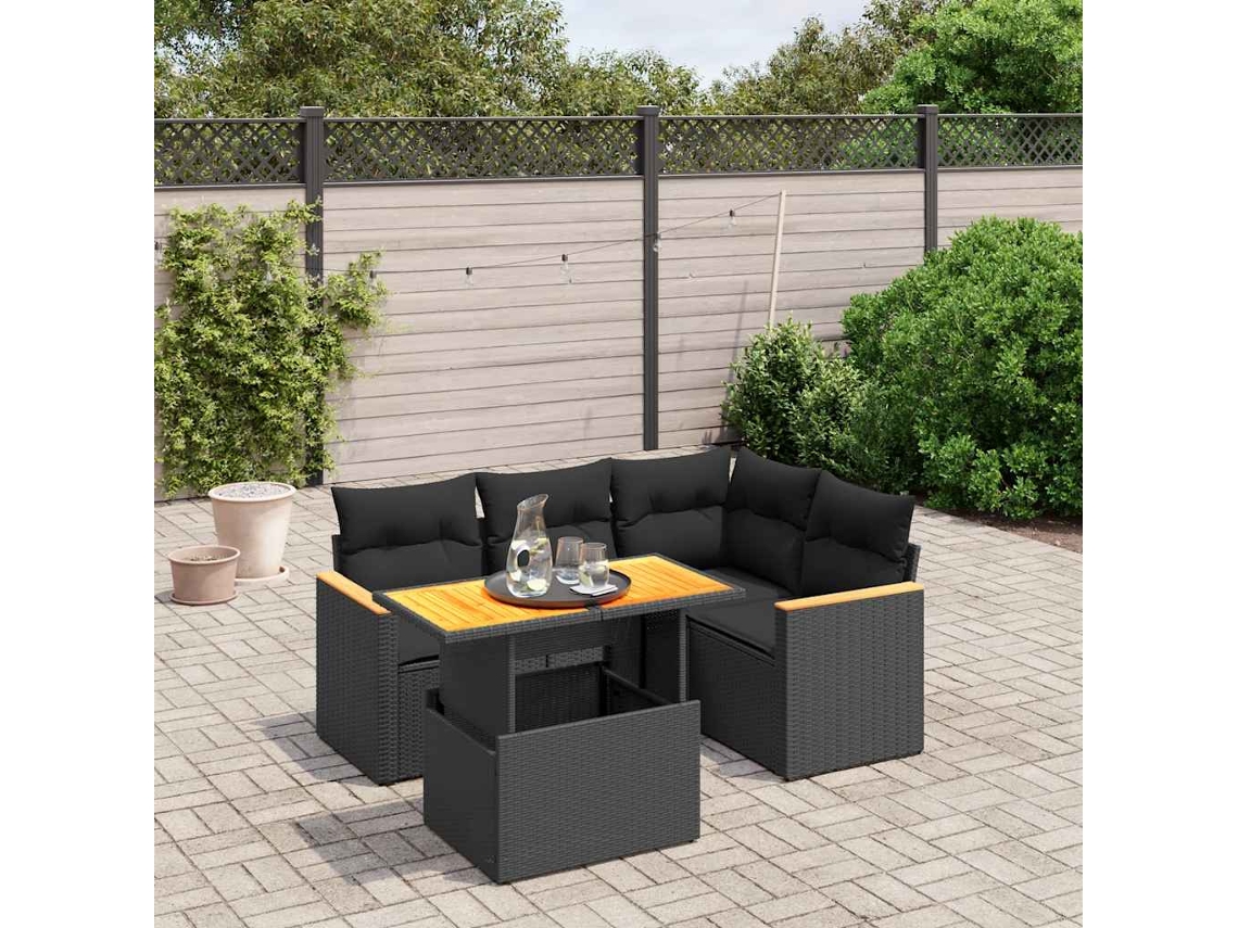 Vidaxl 5 Pcs Conjunto Sofás De Jardim Com Almofadões Vime Pe Preto