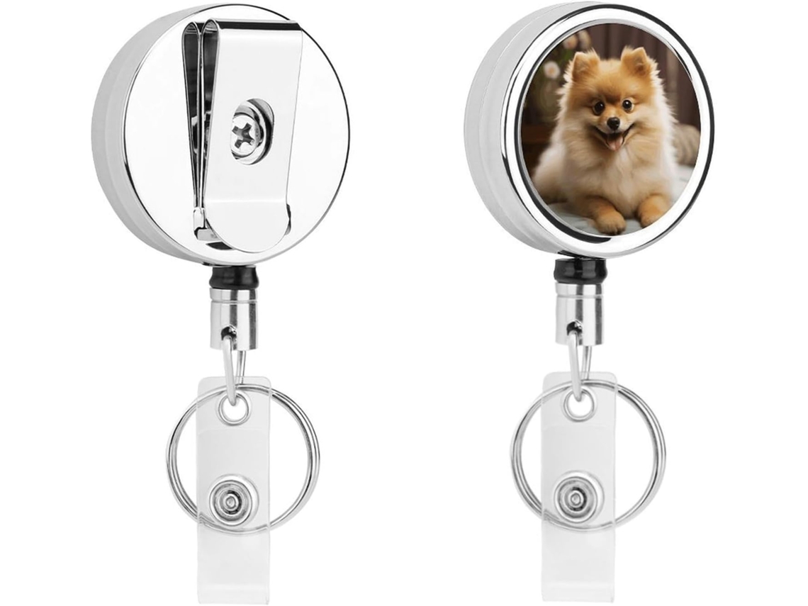 Porta Crachá Retrátil Com Estampa De Cachorro Da Raça Pomerânia, Clipe Cinto E Chaveiro, Clipe Cordão De Metal