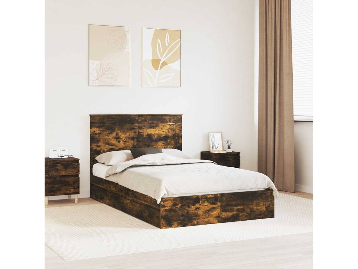 Vidaxl Cama Com Armazenamento Carvalho Defumado 135 X 190 Cm