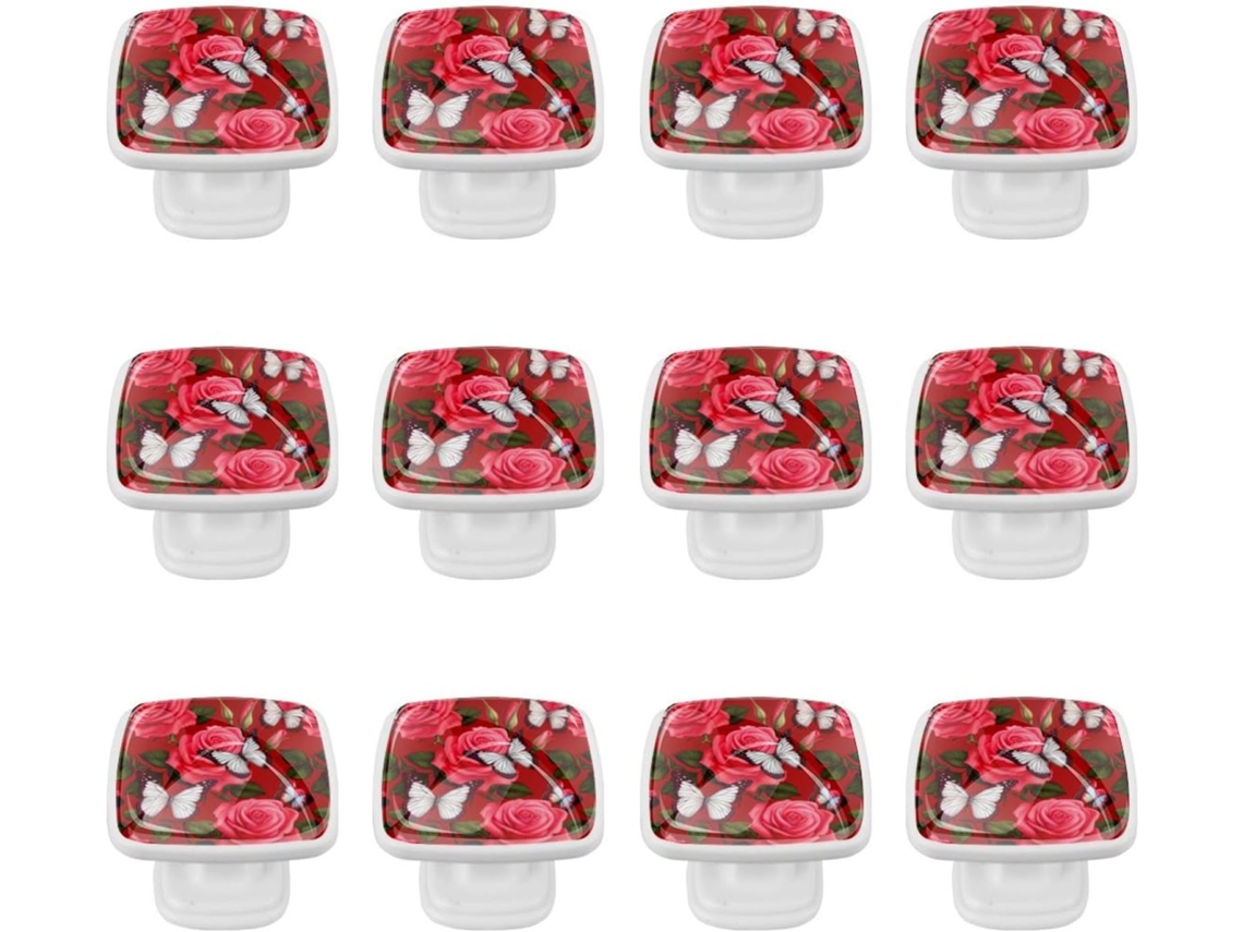 Puxadores E Maçanetas Quadradas Para Armários De Cozinha, Conjunto De 12 Peças, Com Estampa Floral De Borboleta E Rosa