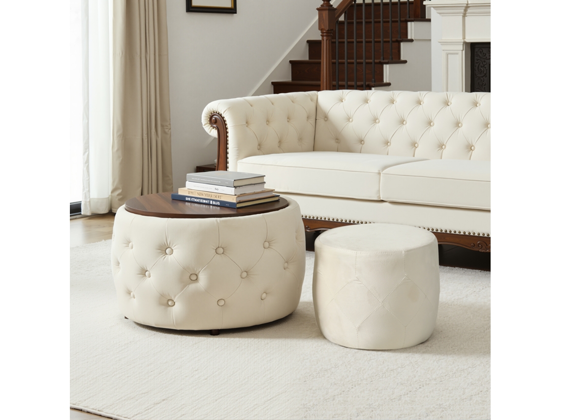 2 Banquetas Empilháveis com Veludo, 4em1, Armazenamento, Prateleira Bege 58x58x38cm | VELTRIX