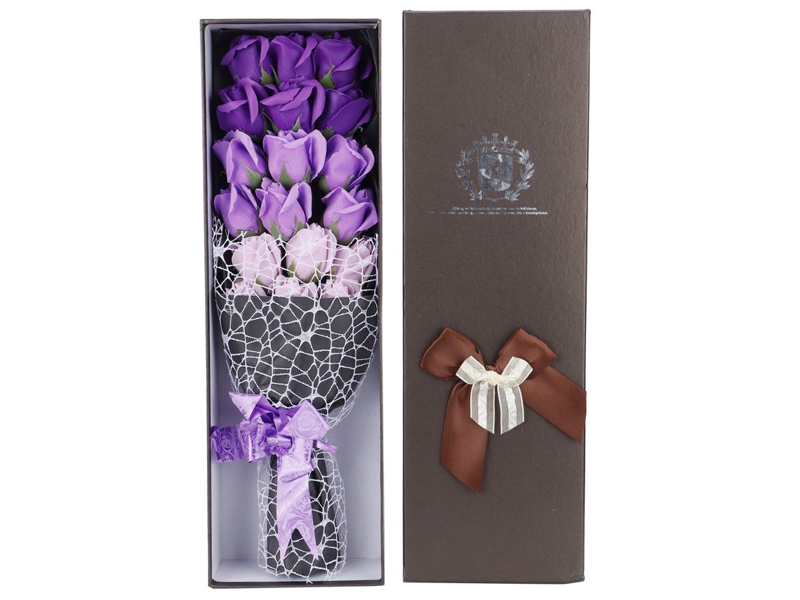 Buquê Flores Sabão Artificial Rosa Roxo Gradiente Caixa 18 Peças