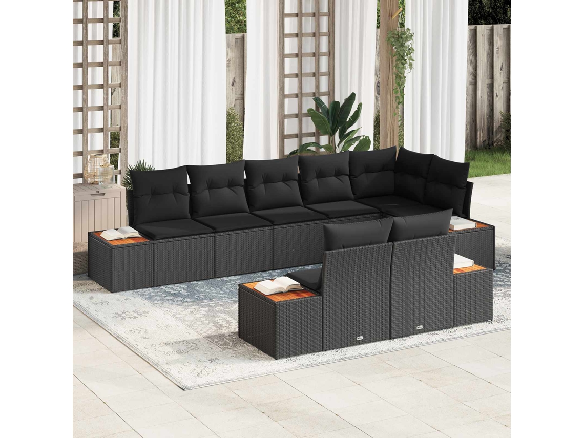 Vidaxl Conjunto De Sofá De Jardim Com Almofada 8 Pcs Preto Polirattan