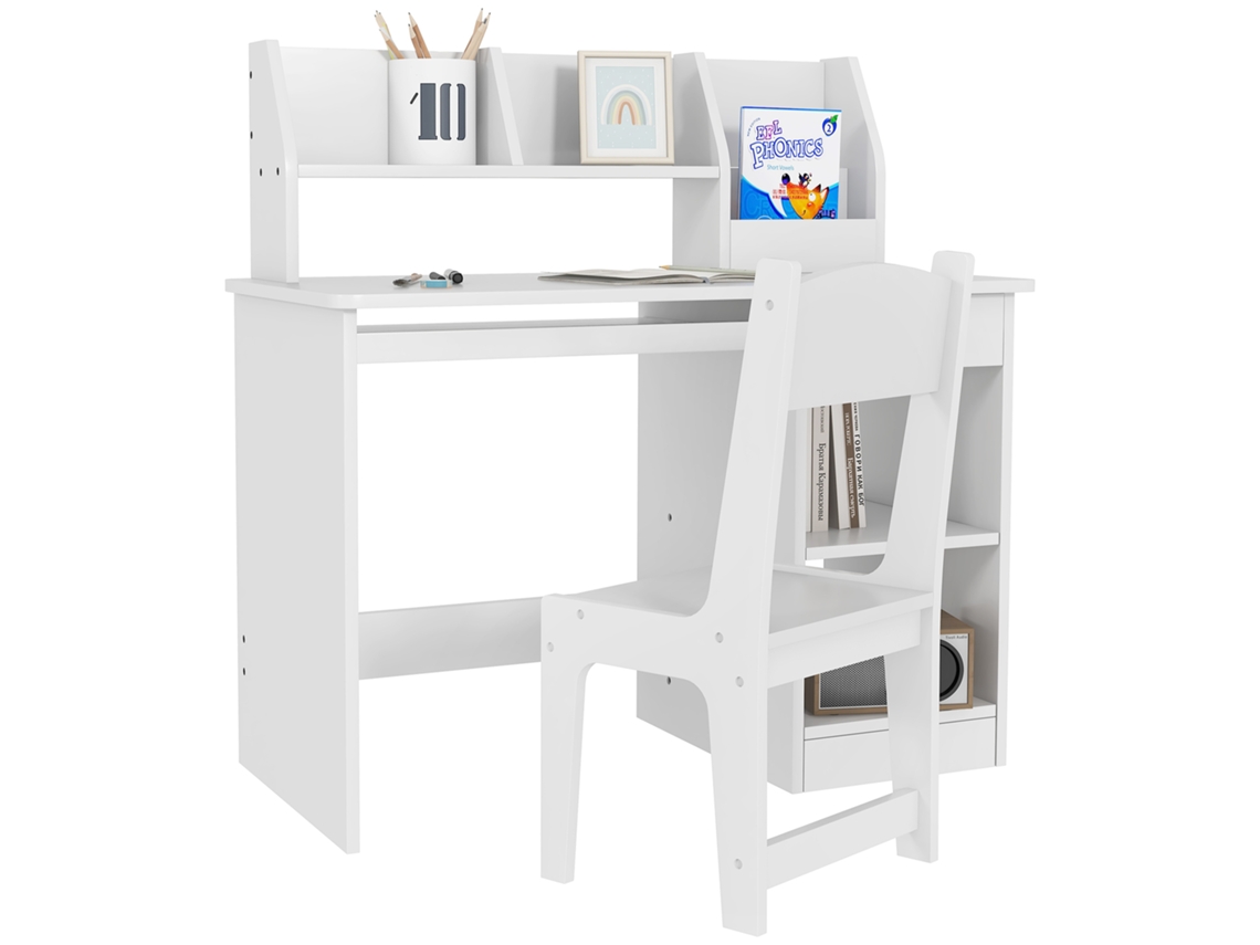 Conjunto de Secretária e Cadeira para Crianças Mdf Cor Branco 90x45x90 cm Zonekiz