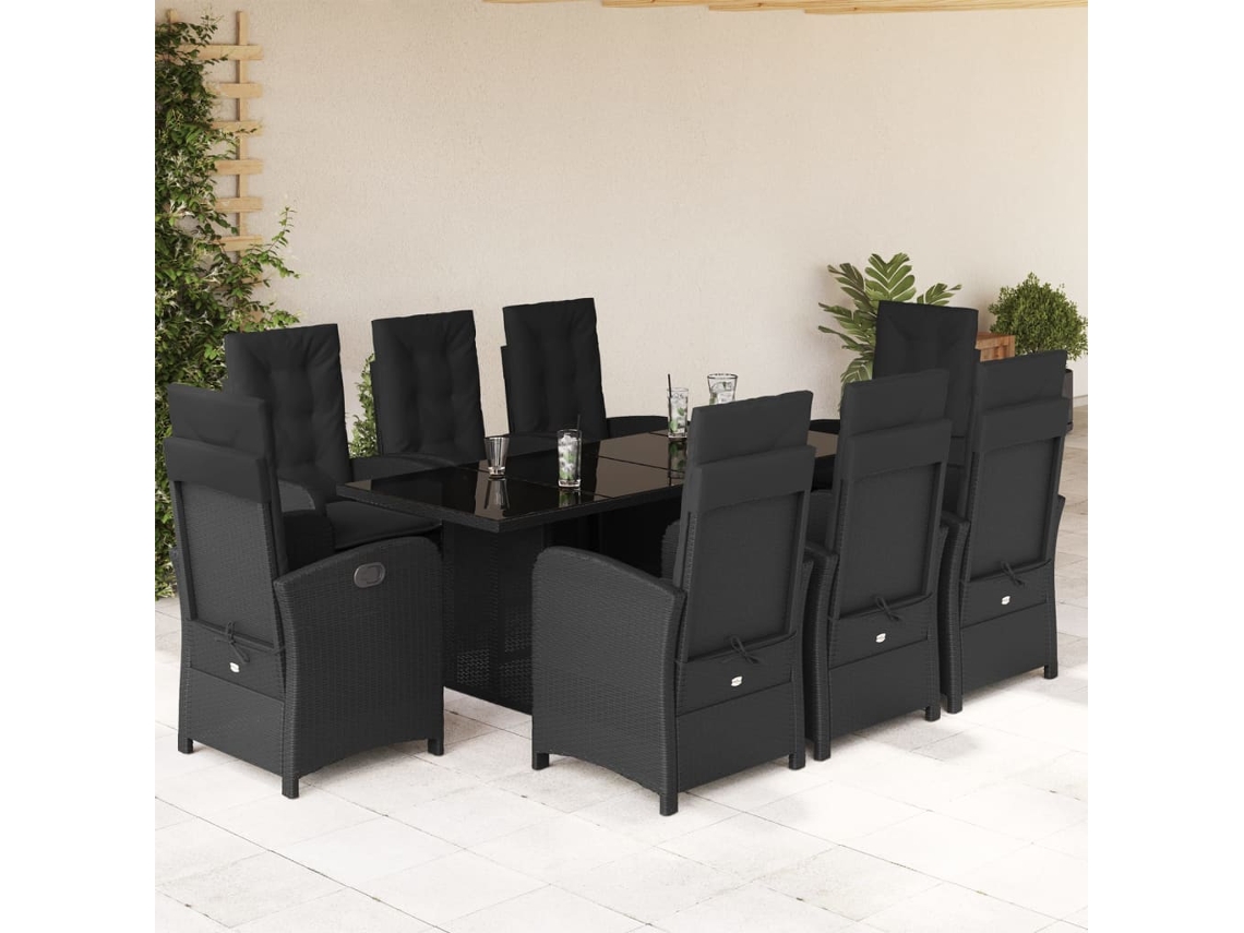 9 Pcs Conjunto De Jantar P/ Jardim C/ Almofadões Vime Pe Preto Dkd Home Decor