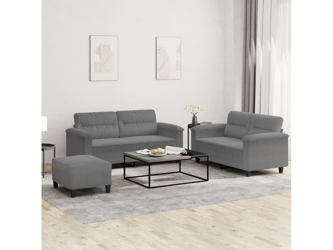 Vidaxl 3 Pcs Conj. Sofás C/ Almofadões Tecido Microfibra Cinza-escuro