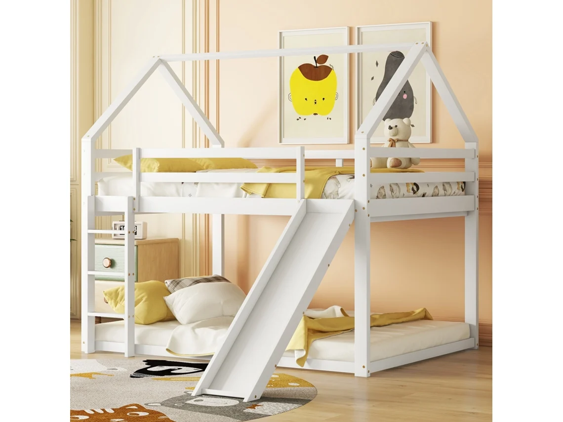 Cama De Berço Branca Com Rampa E Escada 140x200cm Para Crianças