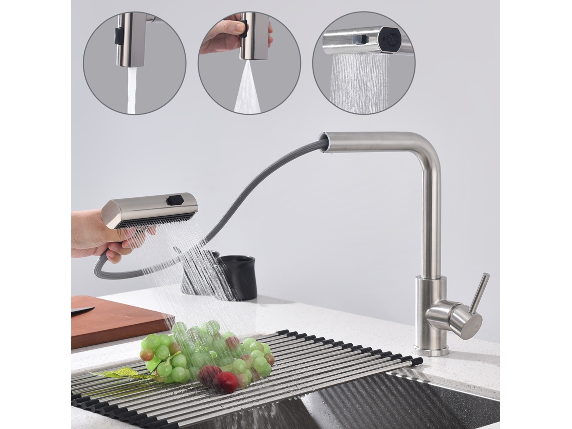 Torneira de cozinha HOMELODY em acabamento escovado, com bica extraível, 3 modos de jato e rotação de 360°