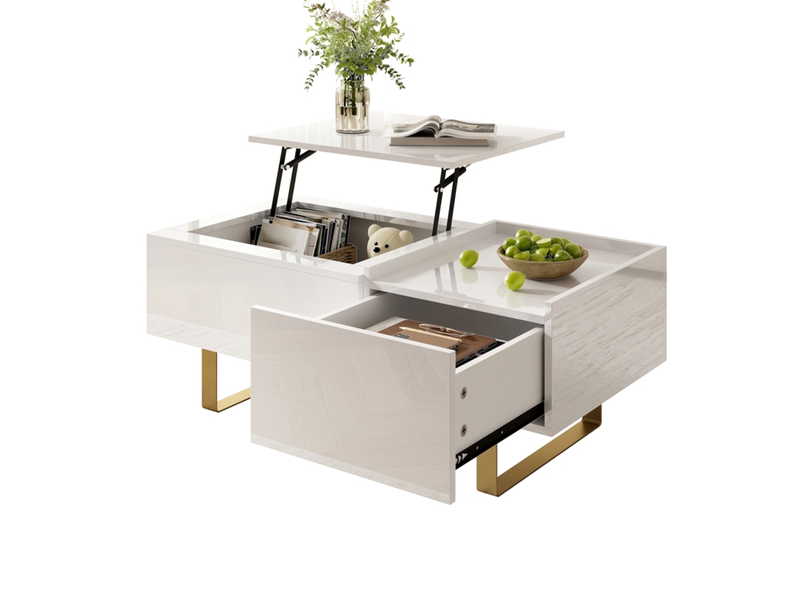 Mesa Centro Elevatória Mdf Brilhante Com Gaveta E Pés Metal Sala