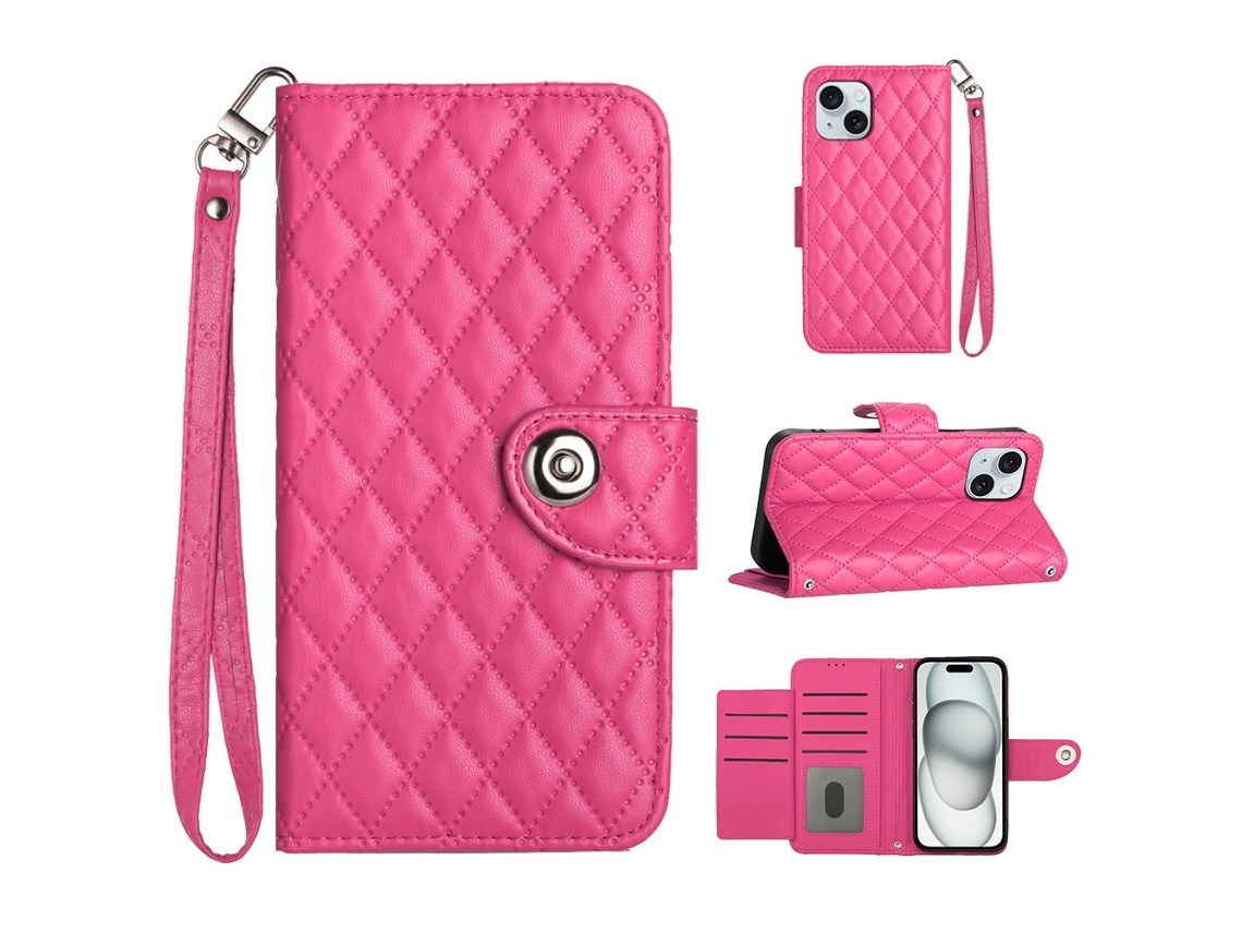 Capa Pega Para Iphone 15 Plus Pele Sintética Com Porta-cartões Rosa