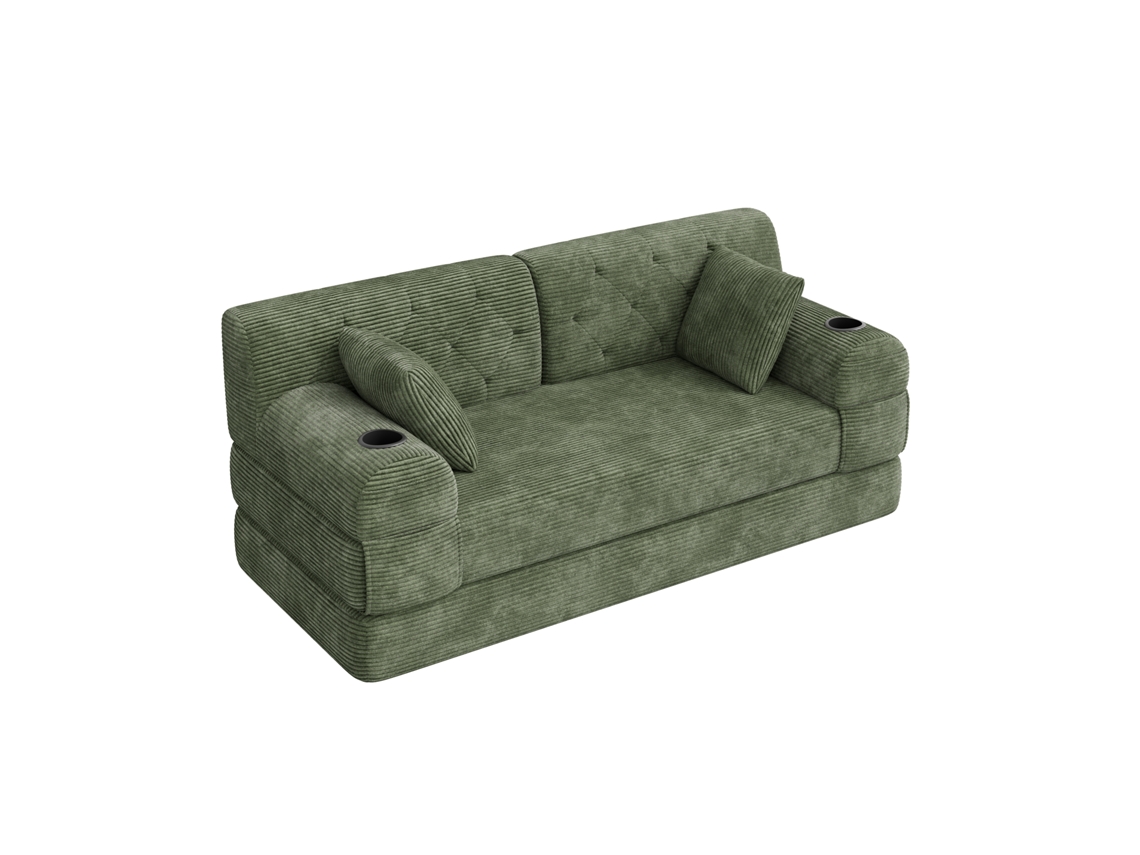 Sofá-camas 2 Lugares Em Veludo Comprimido, Estrutura Metálica, Espuma Densa, 2 Porta-copos, 4 Bolsos Laterais, Ideal Para Salas Pequenas.