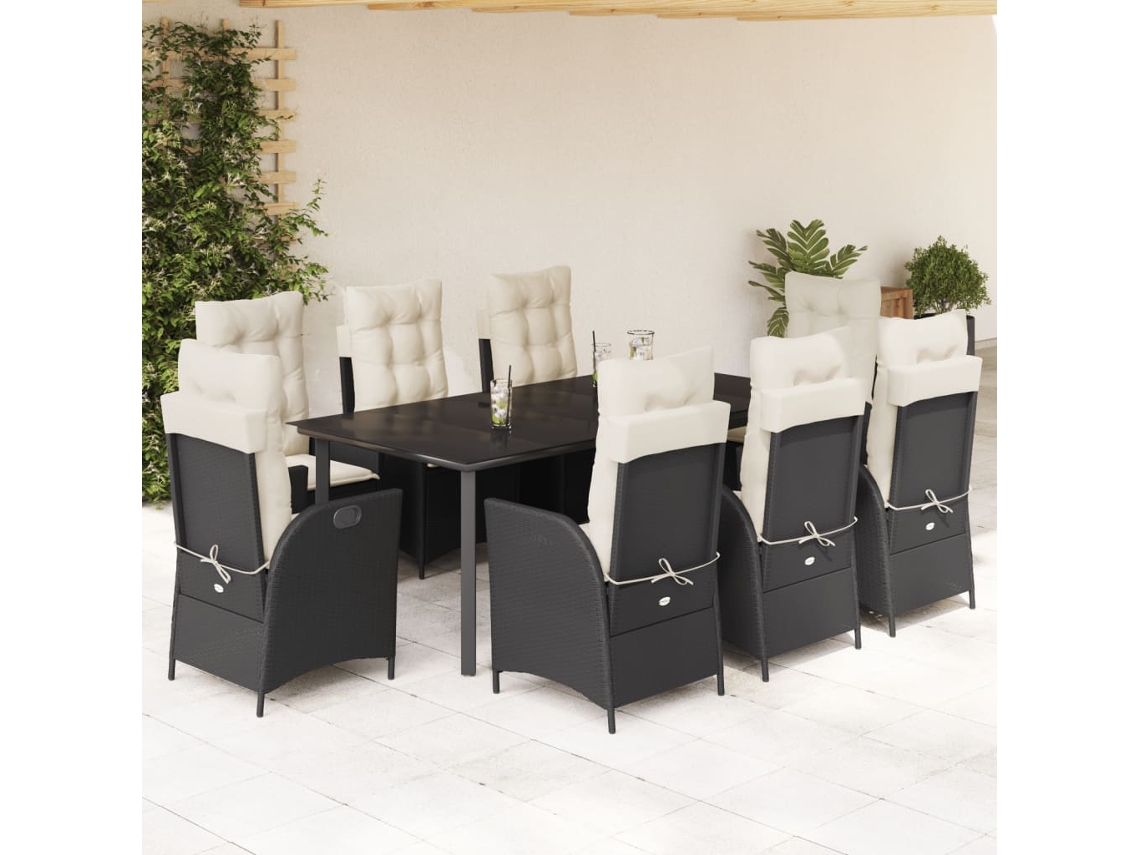 Vidaxl 9 Pcs Conjunto De Jantar P/ Jardim C/ Almofadões Vime Pe Preto