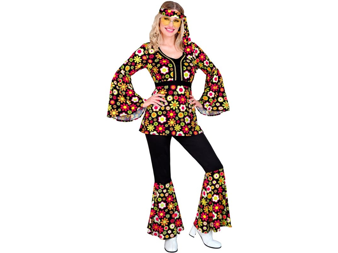 Fato de hippie escuro dos anos 60 para mulher
