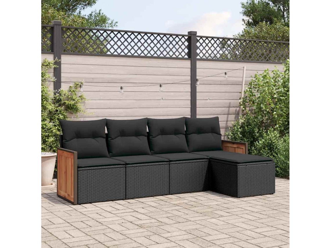 Vidaxl 5 Pcs Conjunto Sofás De Jardim Com Almofadões Vime Pe Preto